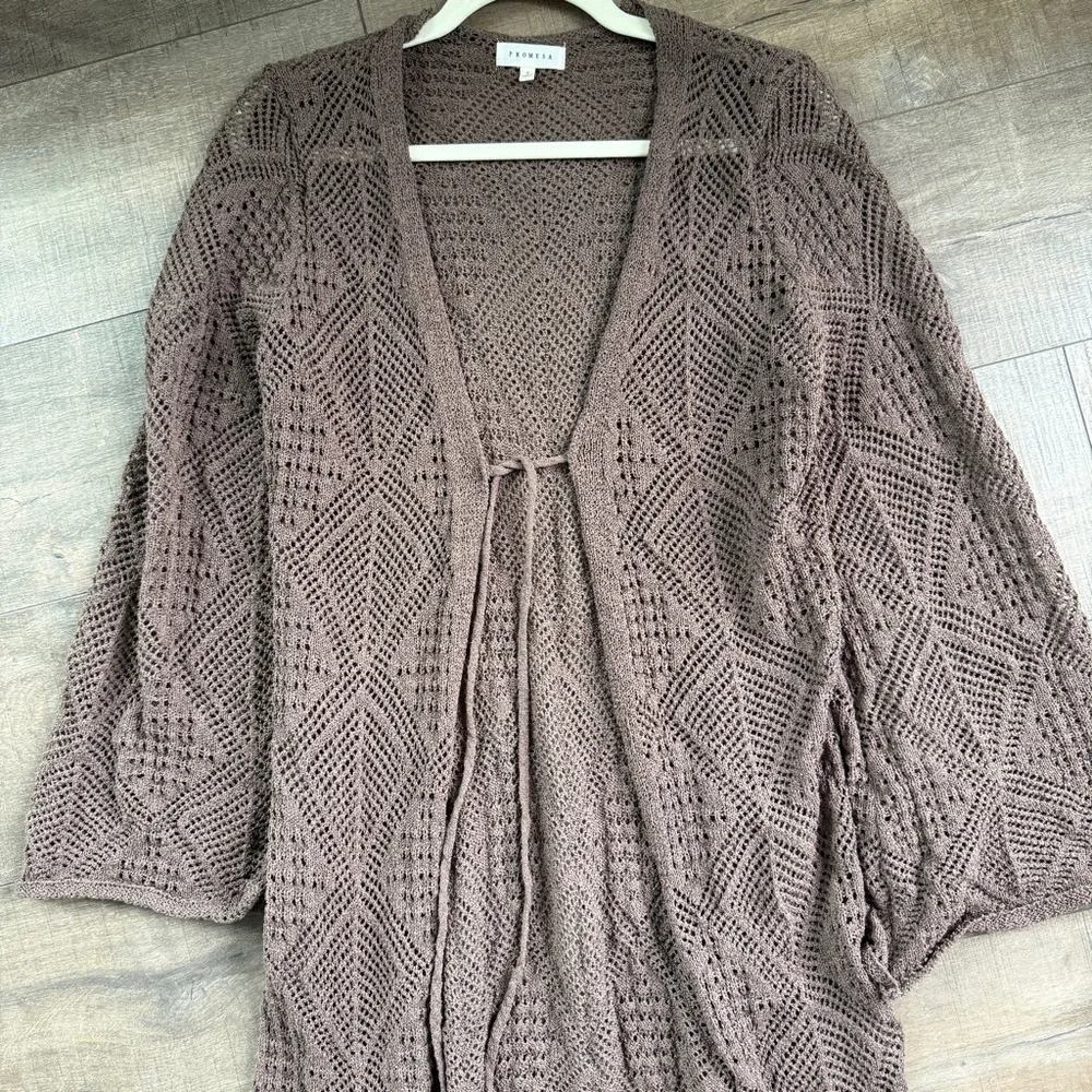 Promesa Pointelle Crochet Knit Cardigan Mocha Long Duster Boho Festival Small
